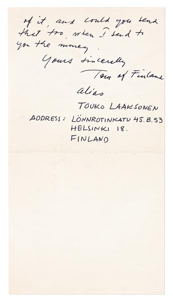 TOM OF FINLAND (1920-1991) Autograph Letter Signed, Tom of Finland / alias / Touko Laaksonen, to A. Willard,